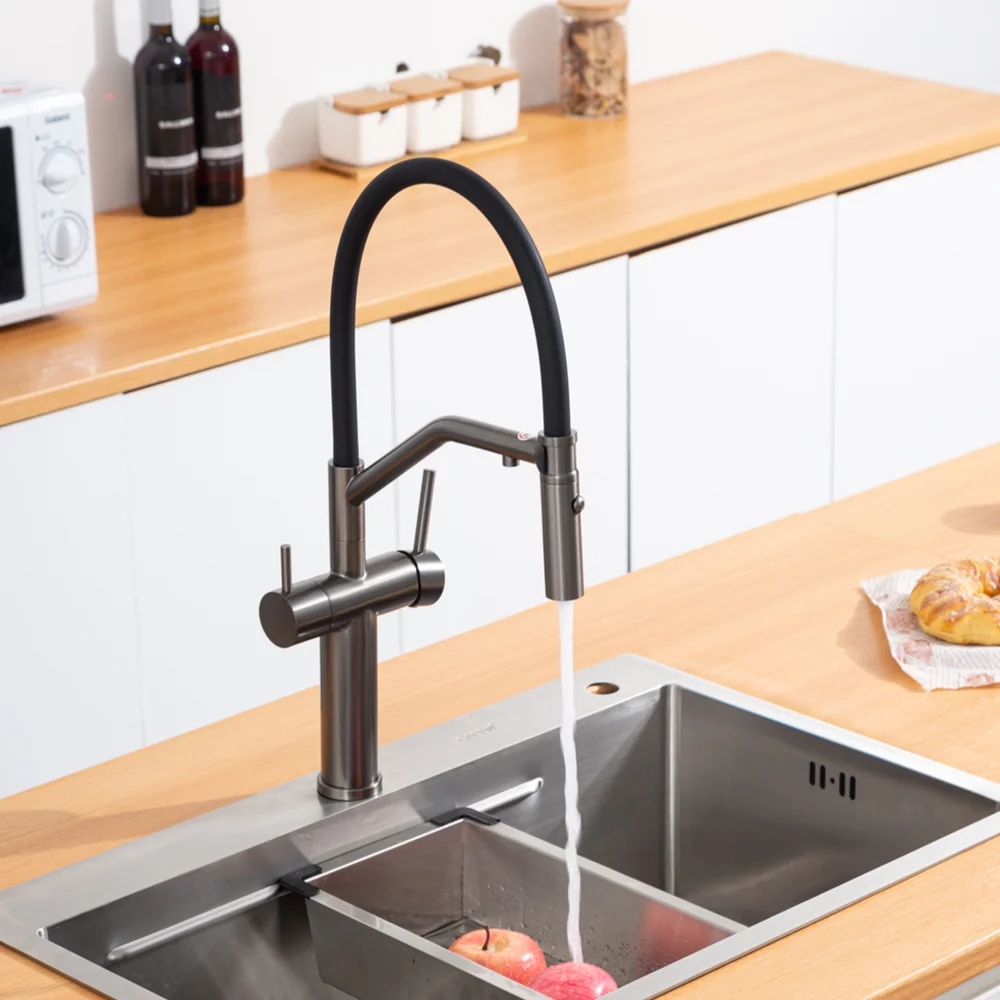 Смеситель для кухни GAPPO G4399-89 с гибким изливом и подключением фильтра, оружейная сталь — Изображение 5