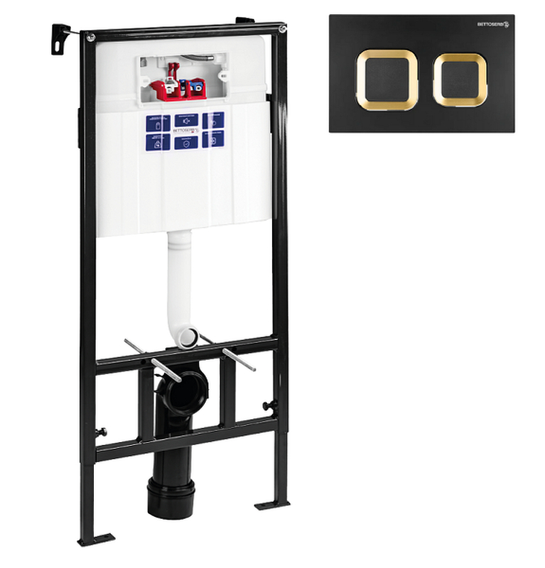 Инсталляция для унитаза BETTOSERB SAVA SLIM SUPERIOR SES40006489 с клавишей смыва SMART черный матовый/золото Инсталляция для унитаза BETTOSERB SAVA SLIM SUPERIOR SES40006489 с клавишей смыва SMART черный матовый/золото