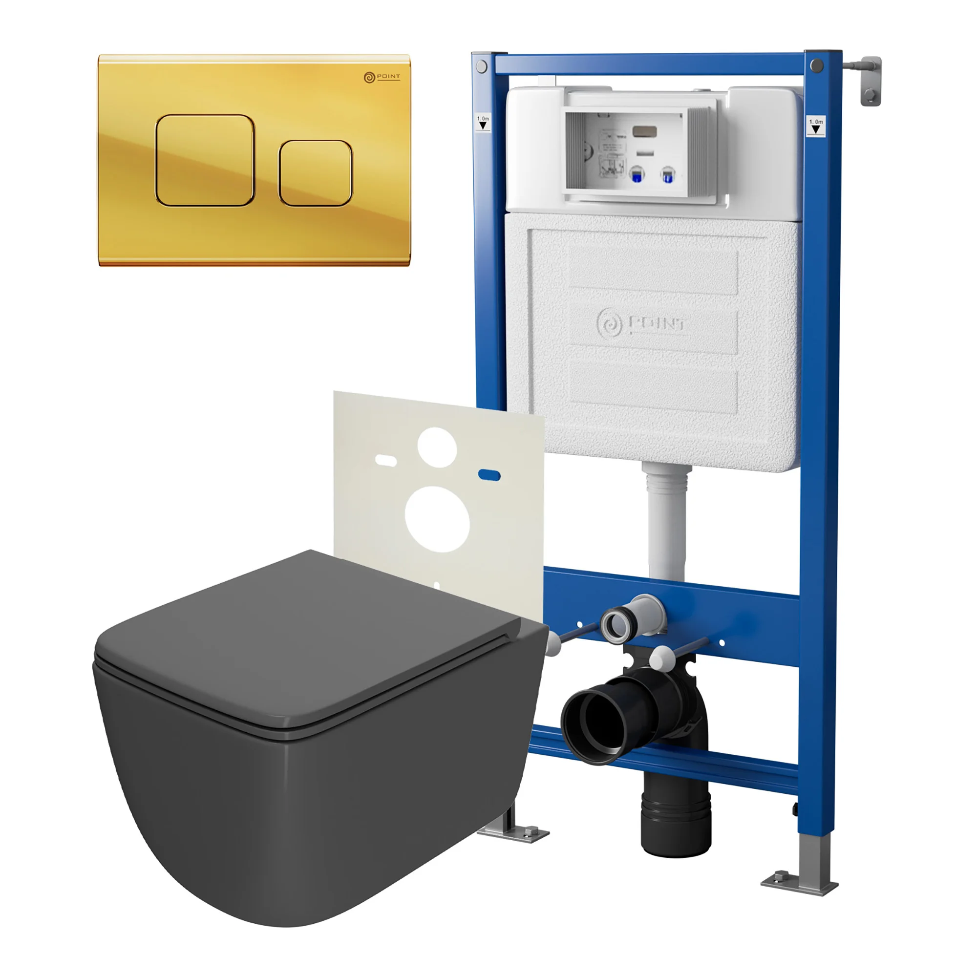 Комплект инсталляции Point Элемент PN45120 с клавишей смыва Афина, золото, PN44041G и унитазом Меркурий с сиденьем микролифт графит, PN41831GM Комплект инсталляции Point Элемент PN45120 с клавишей смыва Афина, золото, PN44041G и унитазом Меркурий с сиденьем микролифт графит, PN41831GM