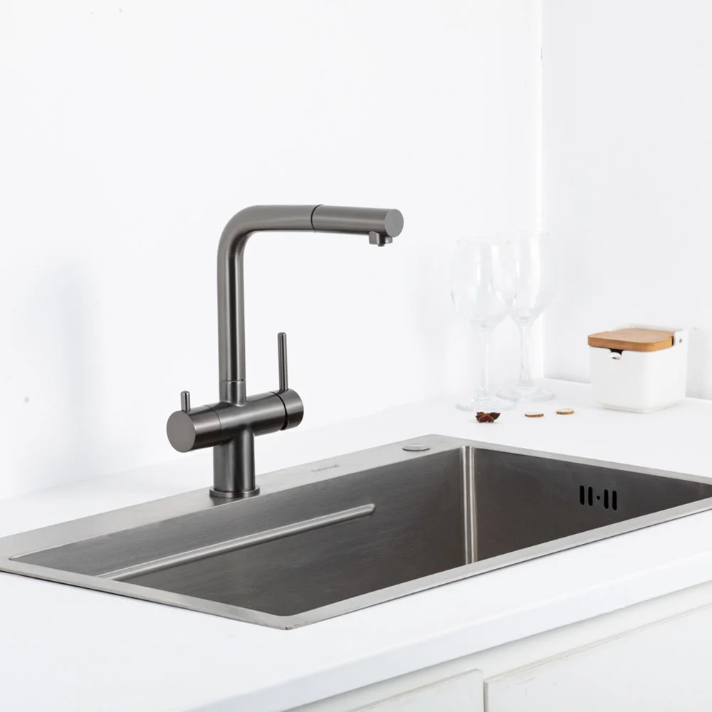 Смеситель для кухни GAPPO G4397-79 с выдвижным изливом и подключением фильтра, оружейная сталь — Изображение 3