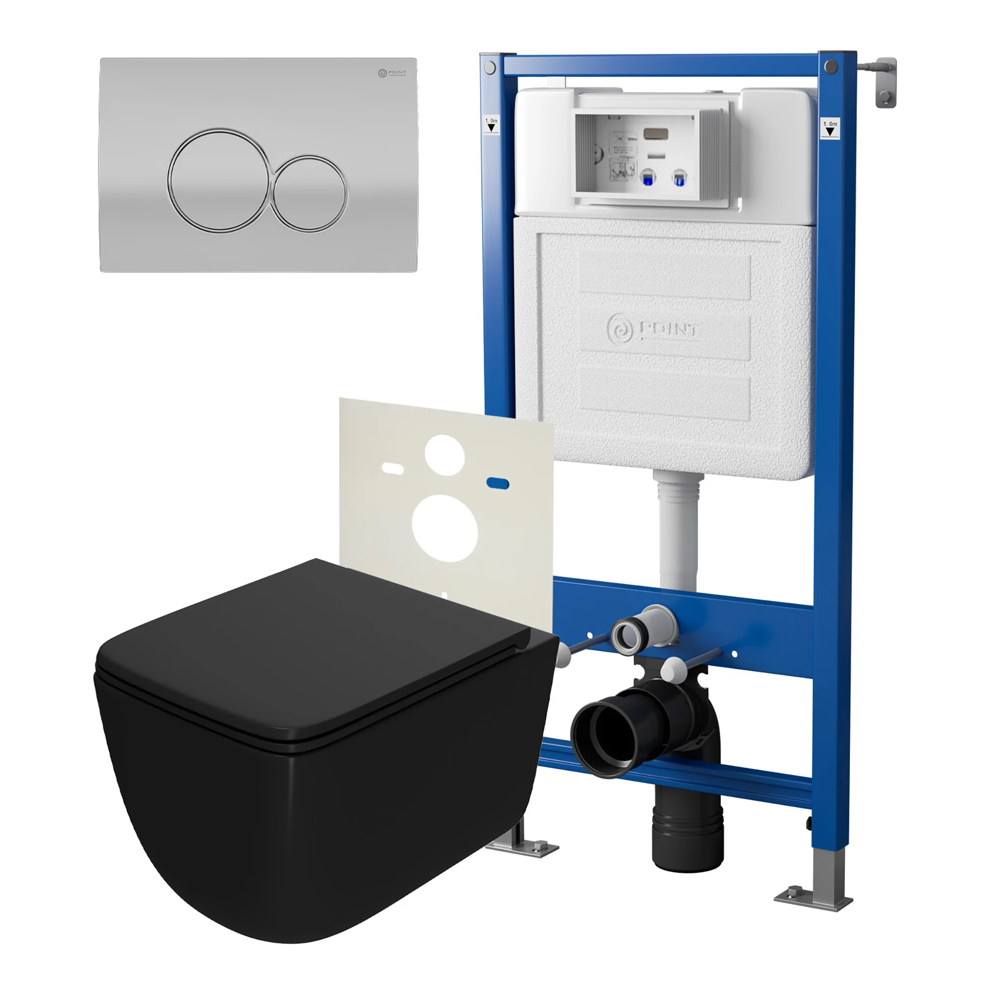 Комплект инсталляции Point Элемент PN45120 с клавишей смыва Виктория, цвет сатин/хром, PN44061SC и унитазом Меркурий с сиденьем микролифт чёрн мат. PN41831BM Комплект инсталляции Point Элемент PN45120 с клавишей смыва Виктория, цвет сатин/хром, PN44061SC и унитазом Меркурий с сиденьем микролифт чёрн мат. PN41831BM