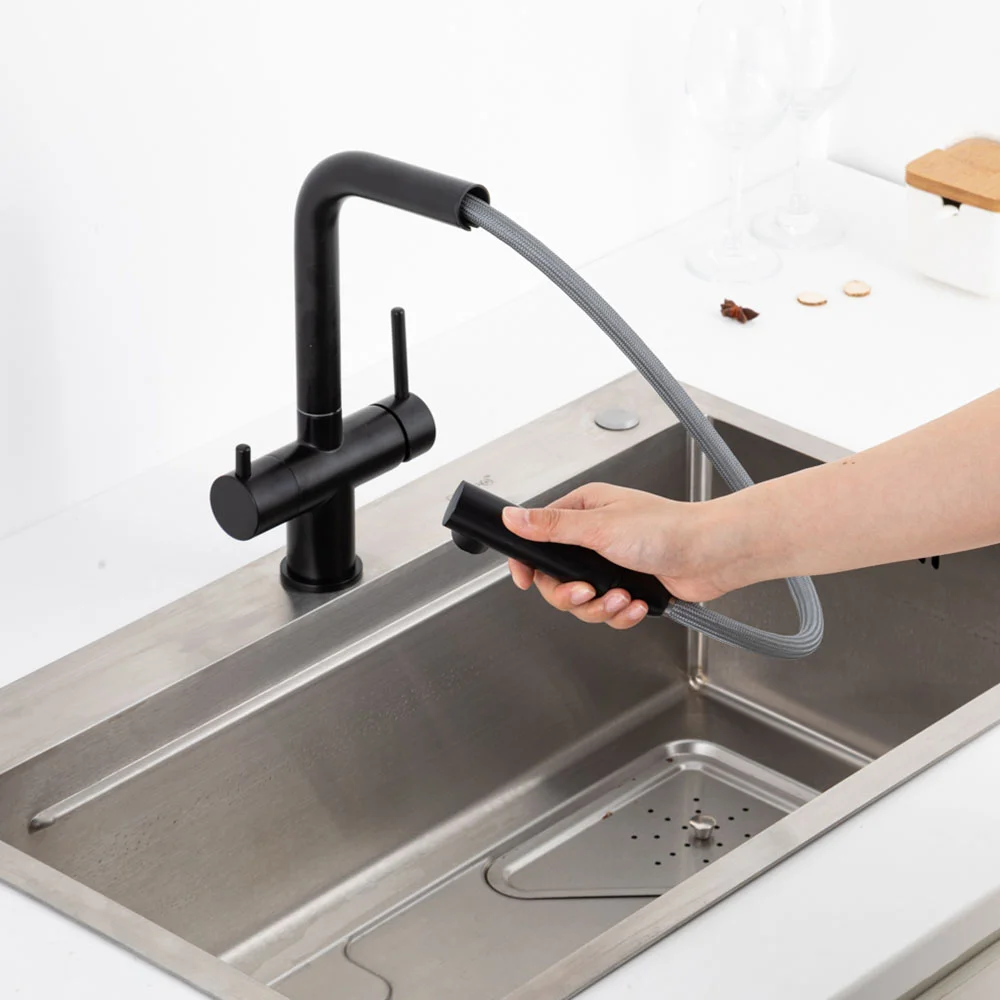 Смеситель для кухни GAPPO G4397-76 с выдвижным изливом и подключением фильтра, черный — Изображение 5