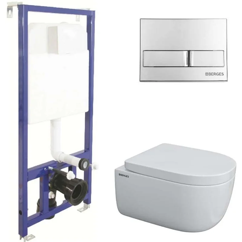 Комплект унитаза BERGES EGO Rimless с инсталляцией NOVUM525, кнопка L3 хром глянец, Крышка-сиденье 043231 Комплект унитаза BERGES EGO Rimless с инсталляцией NOVUM525, кнопка L3 хром глянец, Крышка-сиденье 043231