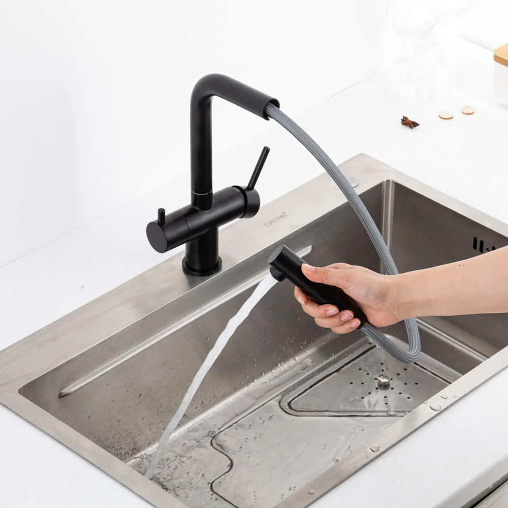 Смеситель для кухни GAPPO G4397-76 с выдвижным изливом и подключением фильтра, черный — Изображение 9