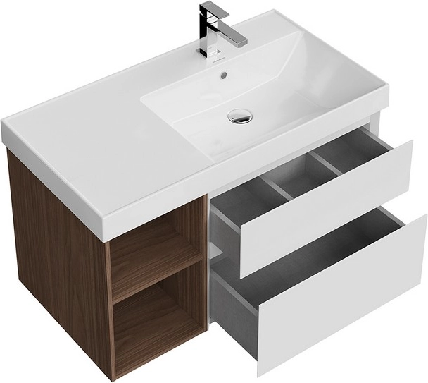 Тумба под раковину Kerama Marazzi CUB.90.2Rh\WHTM.N подвесная Cubo правая с ящиками 90, белая матовая-древесная — Изображение 4