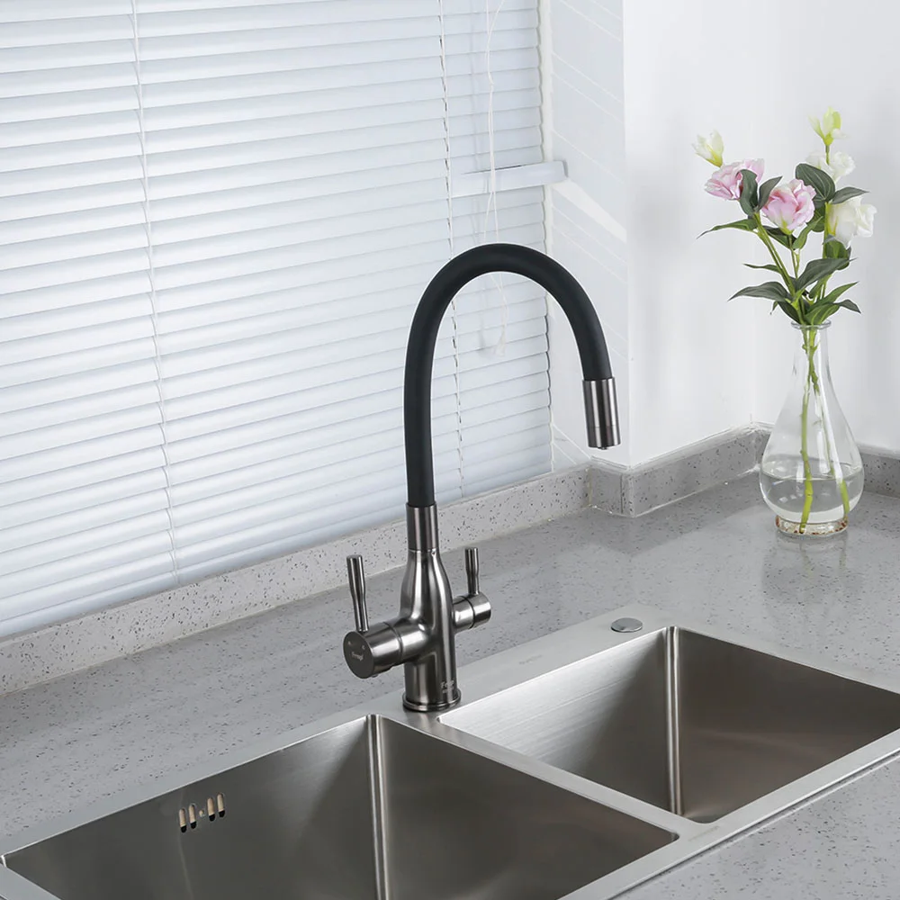 Смеситель для кухни FRAP F4396-15 с гибким изливом и подключением фильтра, оружейная сталь — Изображение 5