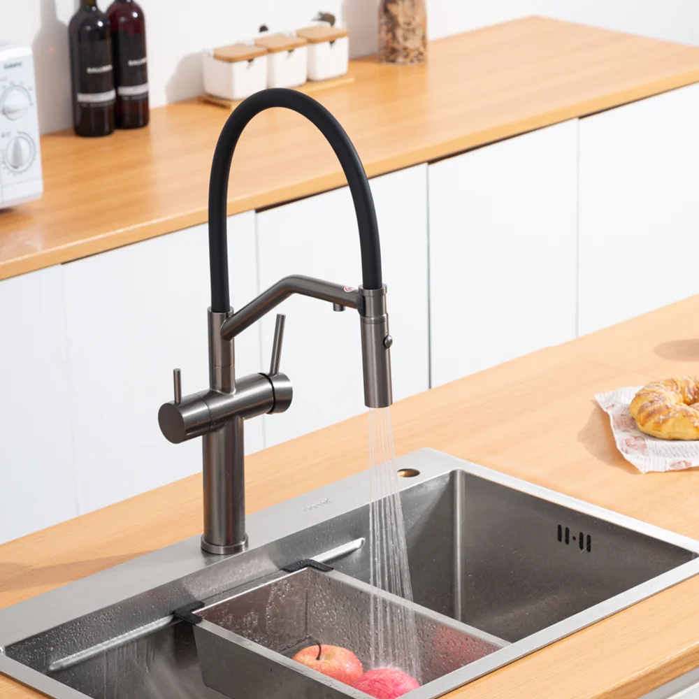Смеситель для кухни GAPPO G4399-89 с гибким изливом и подключением фильтра, оружейная сталь — Изображение 6