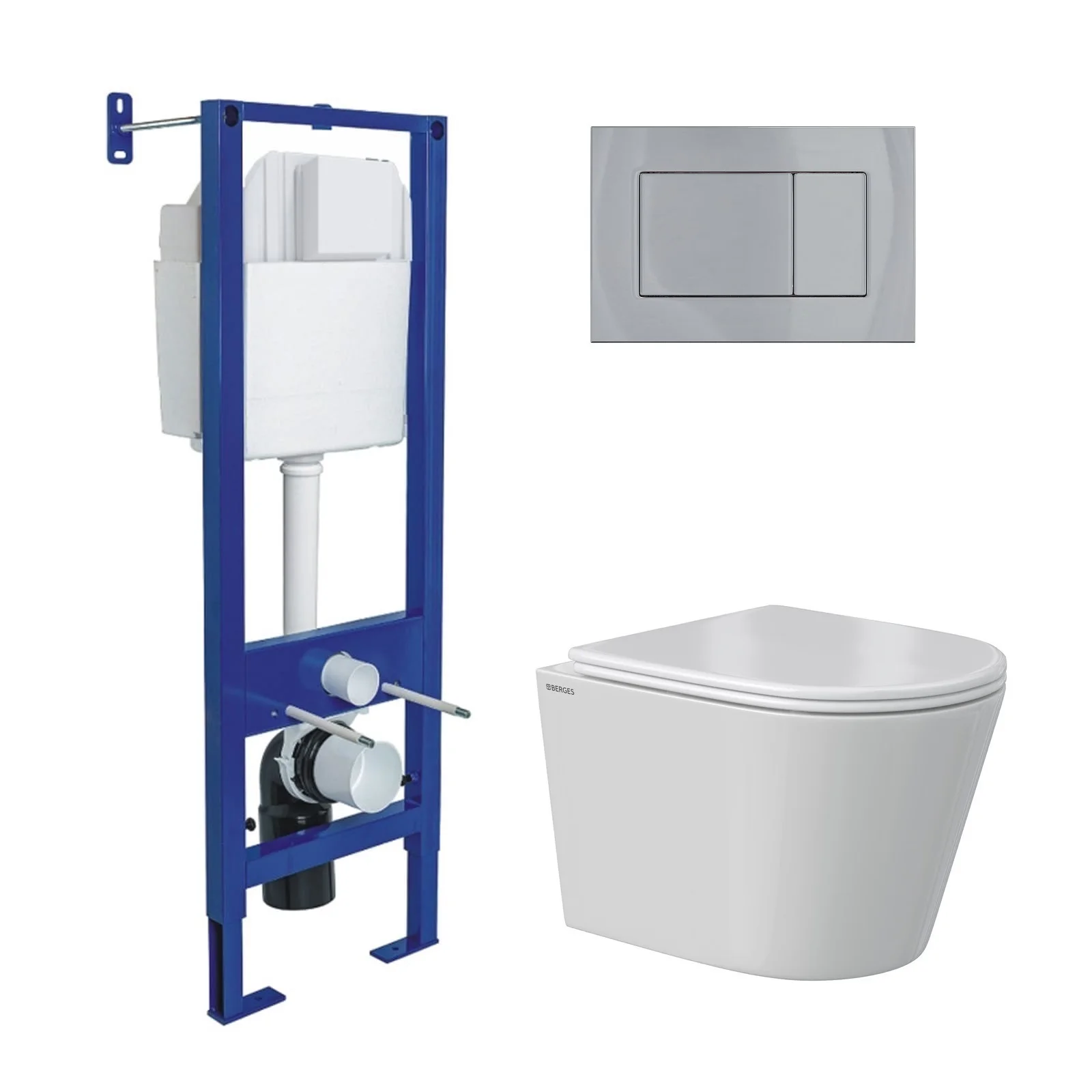Комплект инсталляции BERGES АТОМ 410 с клавишей смыва Atom хром глянец, унитазом VITA Rimless 49 см и сиденьем микролифт, быстросъём 043384 Комплект инсталляции BERGES АТОМ 410 с клавишей смыва Atom хром глянец, унитазом VITA Rimless 49 см и сиденьем микролифт, быстросъём 043384