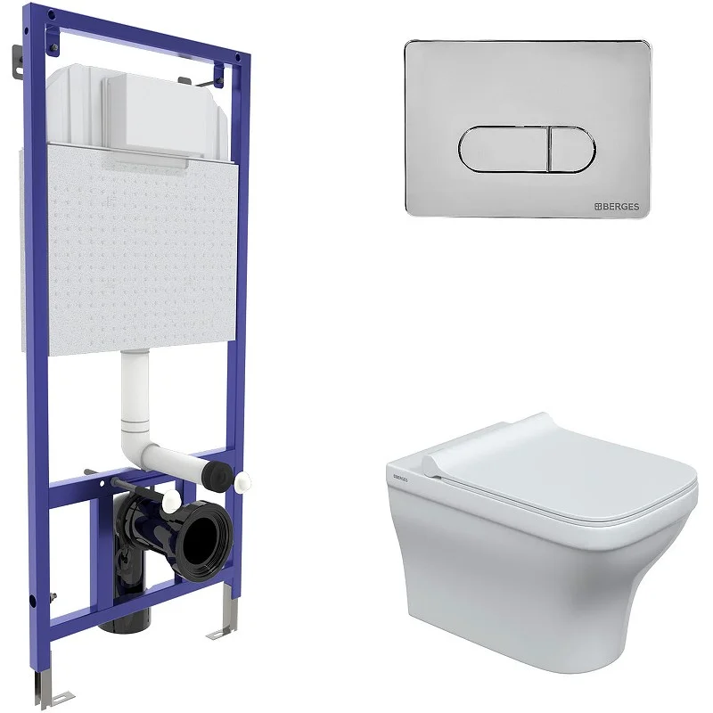 Комплект унитаза BERGES Strati Rimless с инсталляцией NOVUM кнопкой D3 хром глянец, сидение дюроплас 042450 Комплект унитаза BERGES Strati Rimless с инсталляцией NOVUM кнопкой D3 хром глянец, сидение дюроплас 042450