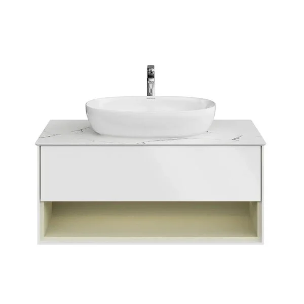 Тумба под раковину Kerama Marazzi Plaza Modern KMPMCb100MSg1 подвесная 100, нажимное открывание, подсветка, белая матовая+шалфей — Изображение 2