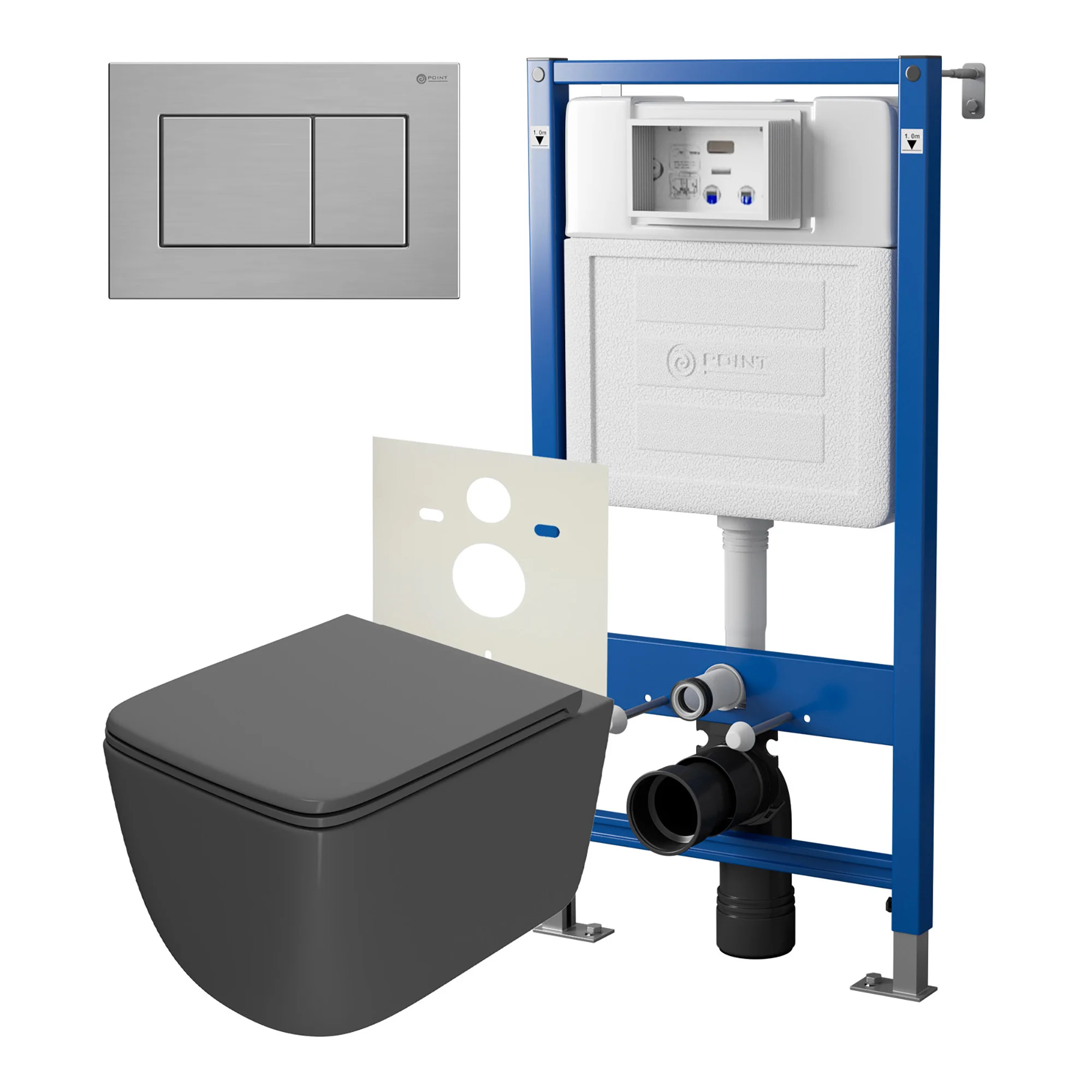 Комплект инсталляции Point Элемент PN45120 с клавишей смыва Ника, нержавеющая сталь, сталь брашированная, PN44081SB и унитазом Меркурий с сиденьем микролифт графит, PN41831GM Комплект инсталляции Point Элемент PN45120 с клавишей смыва Ника, нержавеющая сталь, сталь брашированная, PN44081SB и унитазом Меркурий с сиденьем микролифт графит, PN41831GM