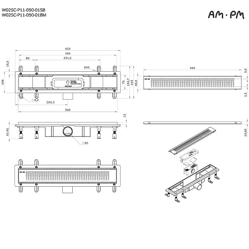 Душевой лоток AM.PM Prime Flow W02SC-P11-050-01SB Flow Cut Gradient 50см, сталь матовая Душевой лоток AM.PM Prime Flow W02SC-P11-050-01SB Flow Cut Gradient 50см, сталь матовая
