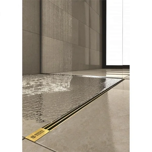 Душевой лоток BERGES SUPER Slim 1000 нержавеющая сталь, золото глянец, S-сифон D50/110 вертикальный 092055 Душевой лоток BERGES SUPER Slim 1000 нержавеющая сталь, золото глянец, S-сифон D50/110 вертикальный 092055