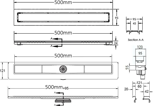 Душевой лоток BERGES TOP Stark 500, матовый хром, S-сифон D50/105 H50 вертикальный 090048 Душевой лоток BERGES TOP Stark 500, матовый хром, S-сифон D50/105 H50 вертикальный 090048