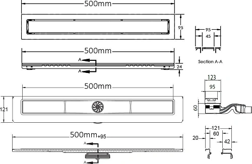 Душевой лоток BERGES TOP Stark 600, матовый хром, S-сифон D50 H60 боковой 090149 Душевой лоток BERGES TOP Stark 600, матовый хром, S-сифон D50 H60 боковой 090149