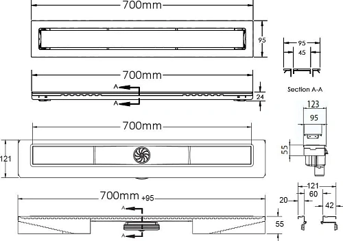 Душевой лоток BERGES TOP Stark 700, матовый хром, S-сифон D50/105 H50 вертикальный 090050 Душевой лоток BERGES TOP Stark 700, матовый хром, S-сифон D50/105 H50 вертикальный 090050