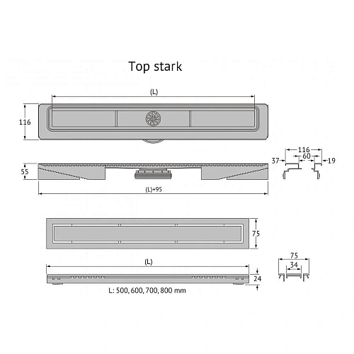 Душевой лоток BERGES TOP Stark 800, матовый хром, S-сифон D50 H60 боковой 090151 Душевой лоток BERGES TOP Stark 800, матовый хром, S-сифон D50 H60 боковой 090151