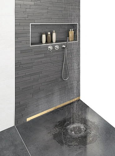 Душевой лоток BERGES WALL 600 пристенный, золото глянец, S-сифон D50 H60 боковой 092156 Душевой лоток BERGES WALL 600 пристенный, золото глянец, S-сифон D50 H60 боковой 092156