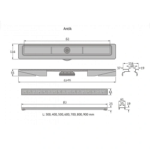 Душевой лоток BERGES В1 Antik 400, матовый хром, S-сифон D50 H60 боковой 090122 Душевой лоток BERGES В1 Antik 400, матовый хром, S-сифон D50 H60 боковой 090122