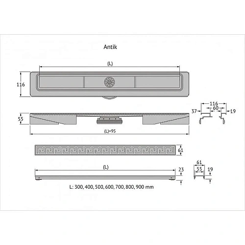 Душевой лоток BERGES В1 Antik 800, матовый хром, S-сифон D50 H60 боковой 090126 Душевой лоток BERGES В1 Antik 800, матовый хром, S-сифон D50 H60 боковой 090126