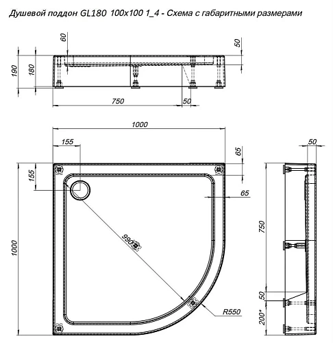 Душевой поддон Aquanet GL180 100x100 1/4 00265563 Душевой поддон Aquanet GL180 100x100 1/4 00265563