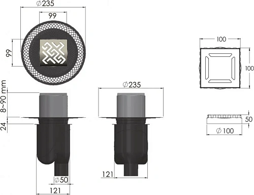 Душевой трап BERGES PLATZ Antik 100х100, хром глянец, S-сифон D50/105 H50 вертикальный 091060 Душевой трап BERGES PLATZ Antik 100х100, хром глянец, S-сифон D50/105 H50 вертикальный 091060