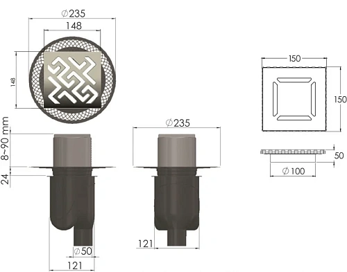 Душевой трап BERGES PLATZ Antik 150х150, хром глянец, S-сифон D50/105 H50 вертикальный 091061 Душевой трап BERGES PLATZ Antik 150х150, хром глянец, S-сифон D50/105 H50 вертикальный 091061
