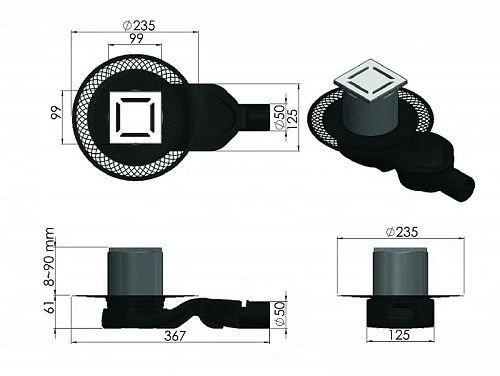 Душевой трап BERGES PLATZ Norma 100х100, матовый хром, S-сифон D50 H60 боковой 090158 Душевой трап BERGES PLATZ Norma 100х100, матовый хром, S-сифон D50 H60 боковой 090158