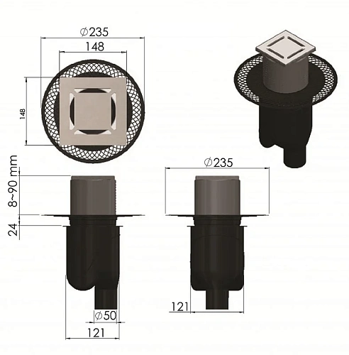 Душевой трап BERGES PLATZ Norma 150х150, матовый хром, S-сифон D50/105 H50 вертикальный 090059 Душевой трап BERGES PLATZ Norma 150х150, матовый хром, S-сифон D50/105 H50 вертикальный 090059