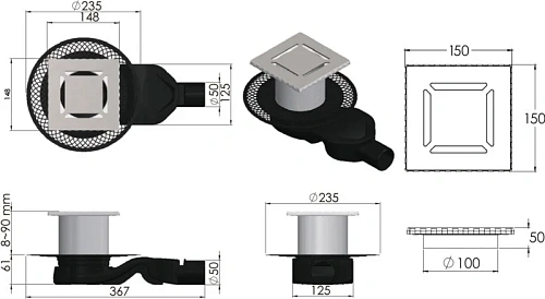 Душевой трап BERGES PLATZ Norma 150х150, хром глянец, S-сифон D50 H60 боковой 091159 Душевой трап BERGES PLATZ Norma 150х150, хром глянец, S-сифон D50 H60 боковой 091159