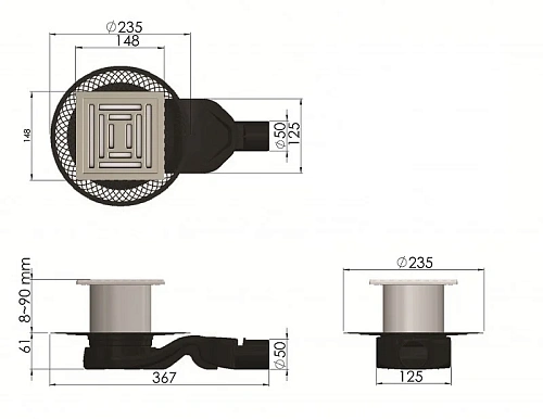 Душевой трап BERGES PLATZ Uno 150х150, матовый хром, S-сифон D50 H60 боковой 090170 Душевой трап BERGES PLATZ Uno 150х150, матовый хром, S-сифон D50 H60 боковой 090170