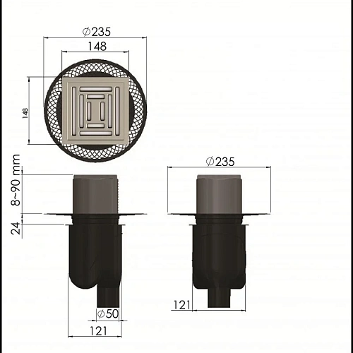 Душевой трап BERGES PLATZ Uno 150х150, матовый хром, S-сифон D50/105 H50 вертикальный 090070 Душевой трап BERGES PLATZ Uno 150х150, матовый хром, S-сифон D50/105 H50 вертикальный 090070