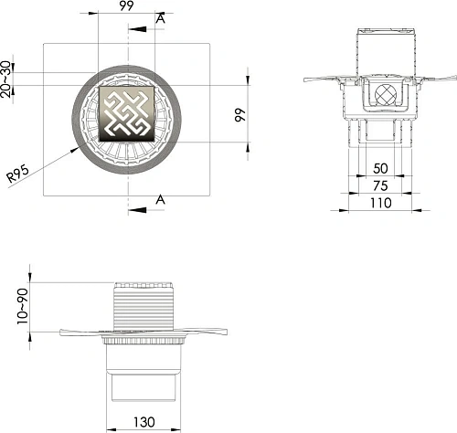 Душевой трап BERGES ZENTRUM Antik 100х100, золото глянец, выпуск D50/75/110 H74 вертикальный 092464 Душевой трап BERGES ZENTRUM Antik 100х100, золото глянец, выпуск D50/75/110 H74 вертикальный 092464