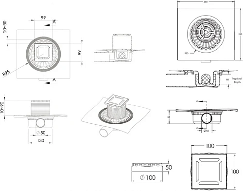 Душевой трап BERGES ZENTRUM Antik 100х100, хром глянец, выпуск D50 H65 боковой 091364 Душевой трап BERGES ZENTRUM Antik 100х100, хром глянец, выпуск D50 H65 боковой 091364