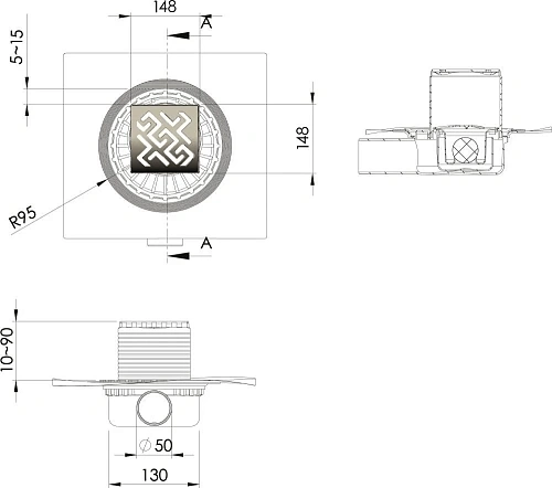 Душевой трап BERGES ZENTRUM Antik 150х150, золото глянец, выпуск D50 H65 боковой 092365 Душевой трап BERGES ZENTRUM Antik 150х150, золото глянец, выпуск D50 H65 боковой 092365
