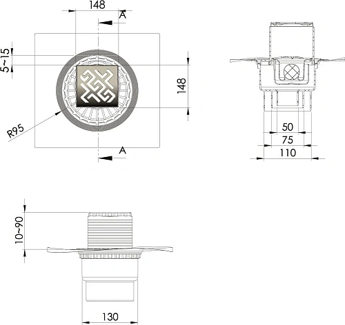 Душевой трап BERGES ZENTRUM Antik 150х150, золото глянец, выпуск D50/75/110 H74 вертикальный 092465 Душевой трап BERGES ZENTRUM Antik 150х150, золото глянец, выпуск D50/75/110 H74 вертикальный 092465