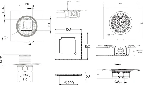 Душевой трап BERGES ZENTRUM Antik 150х150, хром глянец, выпуск D50 H65 боковой 091365 Душевой трап BERGES ZENTRUM Antik 150х150, хром глянец, выпуск D50 H65 боковой 091365