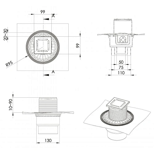 Душевой трап BERGES ZENTRUM Norma 100х100, золото глянец, выпуск D50/75/110 H74 вертикальный 092462 Душевой трап BERGES ZENTRUM Norma 100х100, золото глянец, выпуск D50/75/110 H74 вертикальный 092462