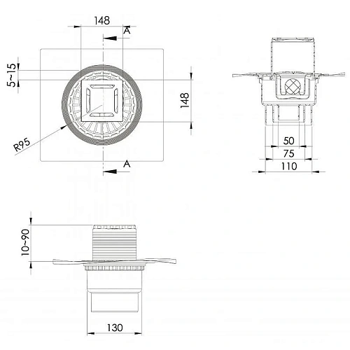 Душевой трап BERGES ZENTRUM Norma 150х150, матовый хром, выпуск D50/75/110 H74 вертикальный 090463 Душевой трап BERGES ZENTRUM Norma 150х150, матовый хром, выпуск D50/75/110 H74 вертикальный 090463