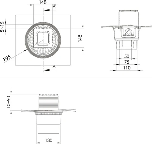Душевой трап BERGES ZENTRUM Norma 150х150, хром глянец, выпуск D50/75/110 H74 вертикальный 091463 Душевой трап BERGES ZENTRUM Norma 150х150, хром глянец, выпуск D50/75/110 H74 вертикальный 091463