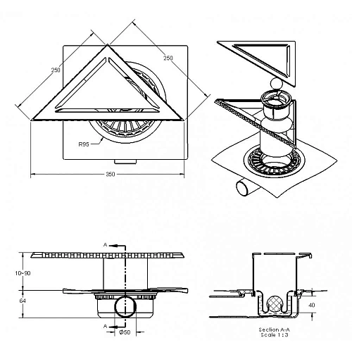 Душевой трап BERGES ZENTRUM Norma 35х25х25 угловой, матовый хром, выпуск D50 H65 боковой 090913 Душевой трап BERGES ZENTRUM Norma 35х25х25 угловой, матовый хром, выпуск D50 H65 боковой 090913