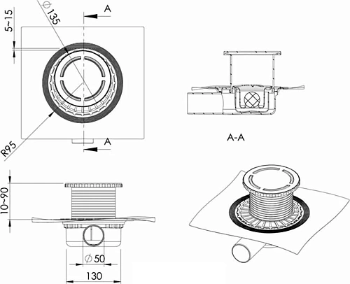 Душевой трап BERGES ZENTRUM Norma R D135, хром глянец, выпуск D50 H65 боковой 091367 Душевой трап BERGES ZENTRUM Norma R D135, хром глянец, выпуск D50 H65 боковой 091367