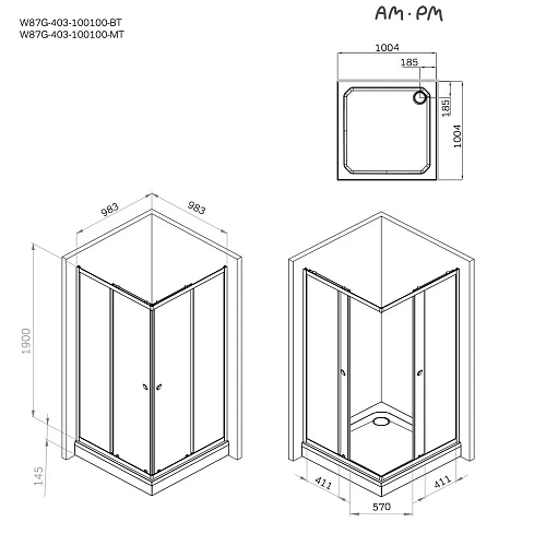 Душевой уголок AM.PM Sunny W87G-403-100100-BT 100x100 черный, стекло прозрачное Душевой уголок AM.PM Sunny W87G-403-100100-BT 100x100 черный, стекло прозрачное