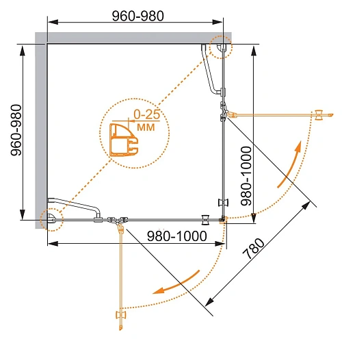 Душевой уголок CEZARES VERONA-W-A-2-100-P-Cr 100x100см стекло рифленое, профиль хром Душевой уголок CEZARES VERONA-W-A-2-100-P-Cr 100x100см стекло рифленое, профиль хром