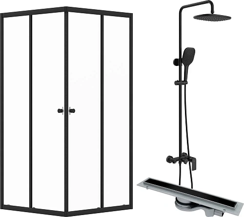 Душевой уголок DIWO Анапа 90х90, профиль черный матовый с линейным трапом CK DRAIN 1105-00165 65 см 594698 Душевой уголок DIWO Анапа 90х90, профиль черный матовый с линейным трапом CK DRAIN 1105-00165 65 см 594698