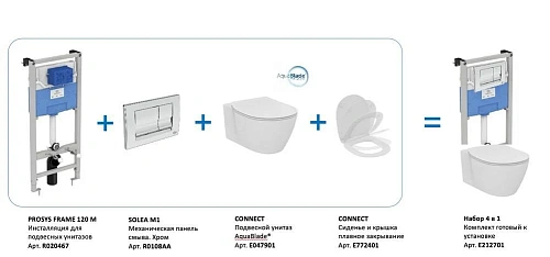Комплект 4 в 1 Ideal Standard E212701 с подвесным унитазом CONNECT AquaBlade E047901, сиденьем CONNE Комплект 4 в 1 Ideal Standard E212701 с подвесным унитазом CONNECT AquaBlade E047901, сиденьем CONNE