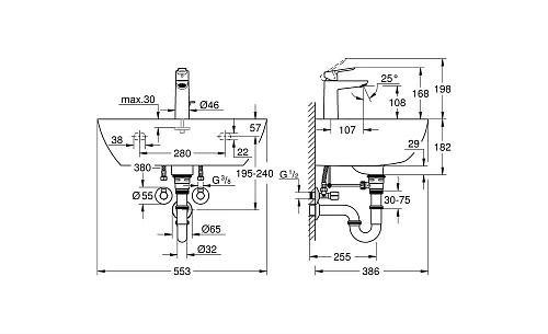 Комплект GROHE Bau Ceramic: раковина подвесная, смеситель однорычажный, угловые вентили, сифон для р 39643000 Комплект GROHE Bau Ceramic: раковина подвесная, смеситель однорычажный, угловые вентили, сифон для р 39643000