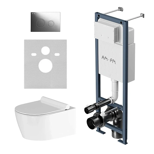 Комплект инсталляции AM.PM Jupiter IS110151.DX77C1700 с унитазом безободковый с сиденьем микролифт и клавишей хром Комплект инсталляции AM.PM Jupiter IS110151.DX77C1700 с унитазом безободковый с сиденьем микролифт и клавишей хром