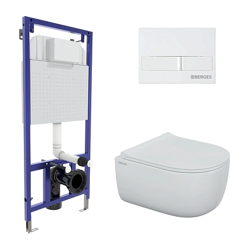 Комплект инсталляции BERGES NOVUM с клавишей смыва белая L1, унитазом Ego Rimless и сиденьем Okus Slim SO 043309 Комплект инсталляции BERGES NOVUM с клавишей смыва белая L1, унитазом Ego Rimless и сиденьем Okus Slim SO 043309