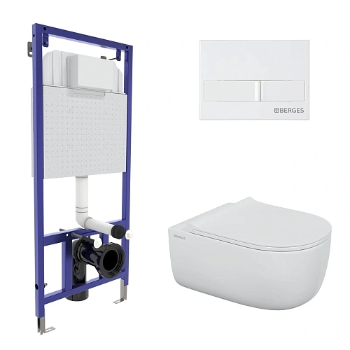 Комплект инсталляции BERGES NOVUM525, с клавишей смыва L1 белая, унитазом EGO XL Rimless и сиденьем Okus Slim SO, микролифт, быстросъем 043323 Комплект инсталляции BERGES NOVUM525, с клавишей смыва L1 белая, унитазом EGO XL Rimless и сиденьем Okus Slim SO, микролифт, быстросъем 043323